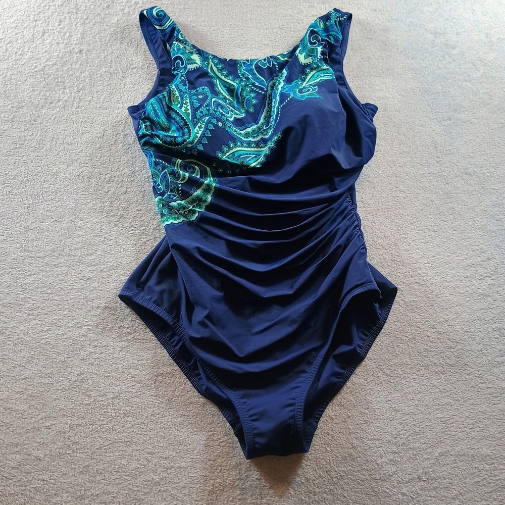 Lands' End‎ Womens One Piece Paisley Ruched Swimsuit Blue 12 Tummy Control